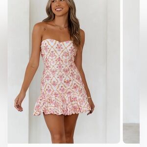 XS Hello Molly Mini Strapless Bubble Hem Dress Pink & Orange Pattern